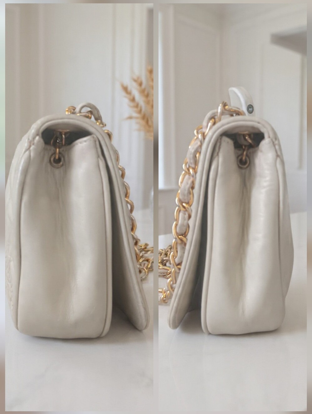 👜 Vintage Chanel 1988 Beige Lambskin CC Stitch Small Flap Shoulder Bag - Picture 7 of 17